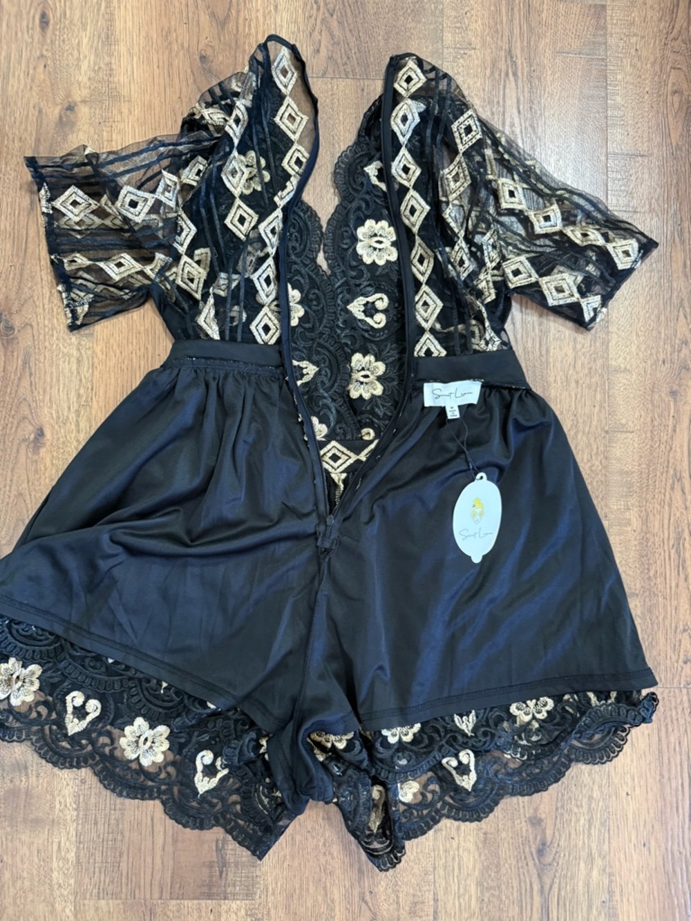 SWEET LEMON Black & Gold Embroidered Mesh Romper Lace Geometric size M - Picture 11 of 13